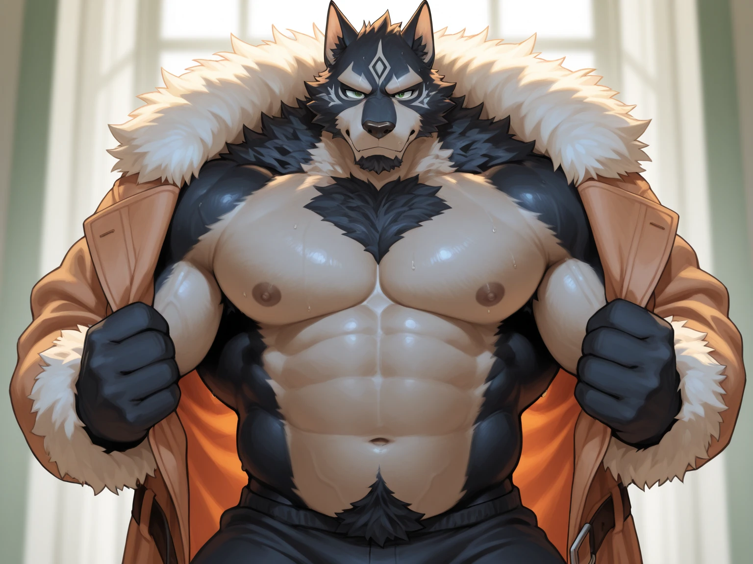 Wolf male, sweaty body, muscular semen, realistic smile, blushing semen, crowded street, ahegao, loincloth