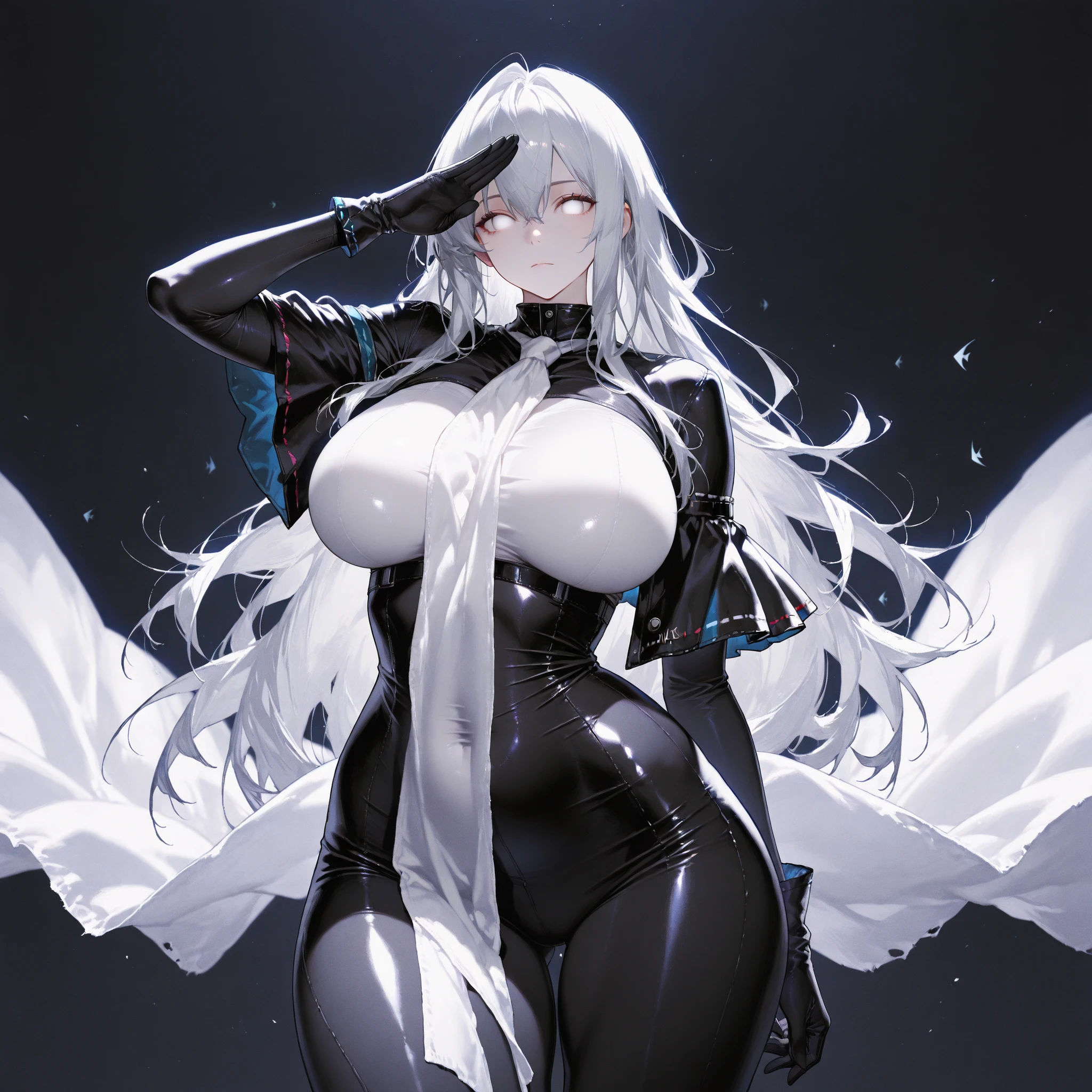 （8k， Masterpiece: 1.2), (Ultra Detail, Sexy), (Smile: 1.1), ((White Wavy Long Hair): 1.3, Beautiful Detail Eyes, Big Black Eyes, Perfect Proportions, Bright Eyes, Light Makeup, Necklace, Earrings, Pink and Moist Lips), 2 sexy big breasts wife standing in a hospital room, she has long white wavy hair, with stylish rimless glasses, wearing a German military uniform with a leather long skirt, (perfect eyes) Her figure is very sexy, huge breasts, heavy breasts, fitness buttocks, fabric covering breasts, abdominal muscles are cracked, big abs, elastic flesh, fair and moist skin, dignified and religious, full body photo), (ambiguous atmosphere, hazy background, fairy tale world: 1.2)
