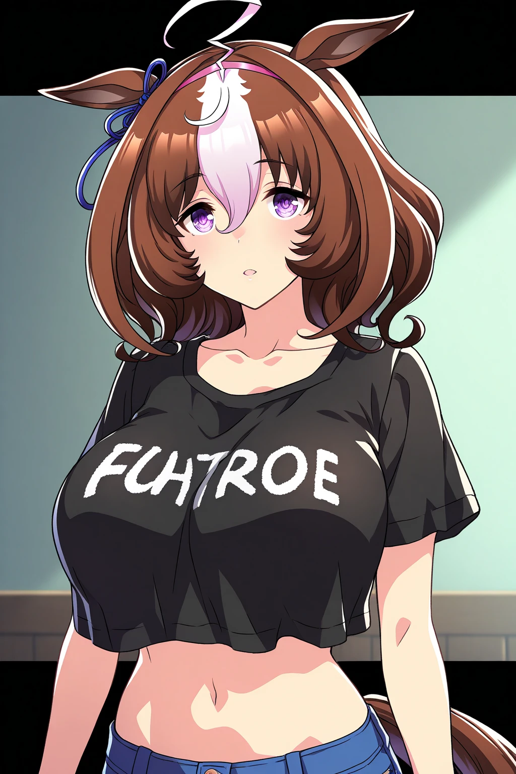 (masterpiece), best quality, high resolution, extremely detailed, detailed background, perfect lighting,ubel, medium hair, hair between eyes, green hair, side ponytail, (purple eyes:1.1), (t-shirt:1.5), denim shorts, pantyhose, collarbone, light smile, joyful eyes, cute pose, BREAK indoors, hot springs, BREAK looking at viewer, (cowboy shot:1.5), BREAK, (masterpiece:1.2), best quality, high resolution, unity 8k wallpaper, (illustration:0.8), (beautiful detailed eyes:1.6), extremely detailed face, perfect lighting, extremely detailed CG, (perfect hands, perfect anatomy), solo, hands on own hips,