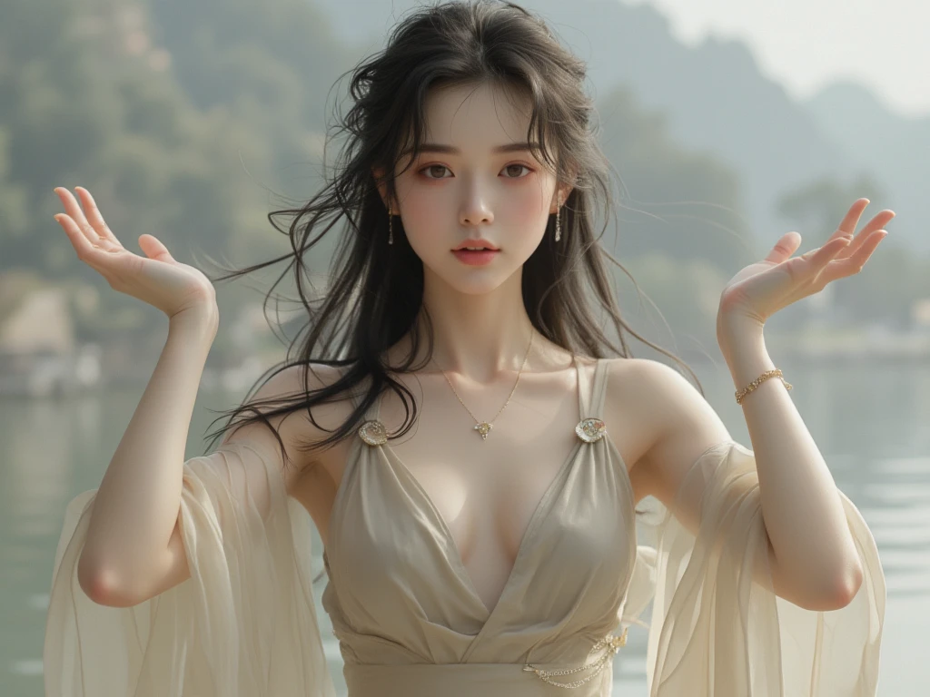 tmasterpiece，best qualtiy，（realisticlying，photo-realistic：1.37），8k，an extremely  delicate and beautiful，astounding，finedetail，offcial art，absurderes，Incredibly Ridiculous res，hugefilesize，ultra - detailed，extremely detaile，Beautiful Meticulous Girl，1girll，（perfect female shape），full bodyesbian，middle  breasts，Whiten skin，Cocked buttocks