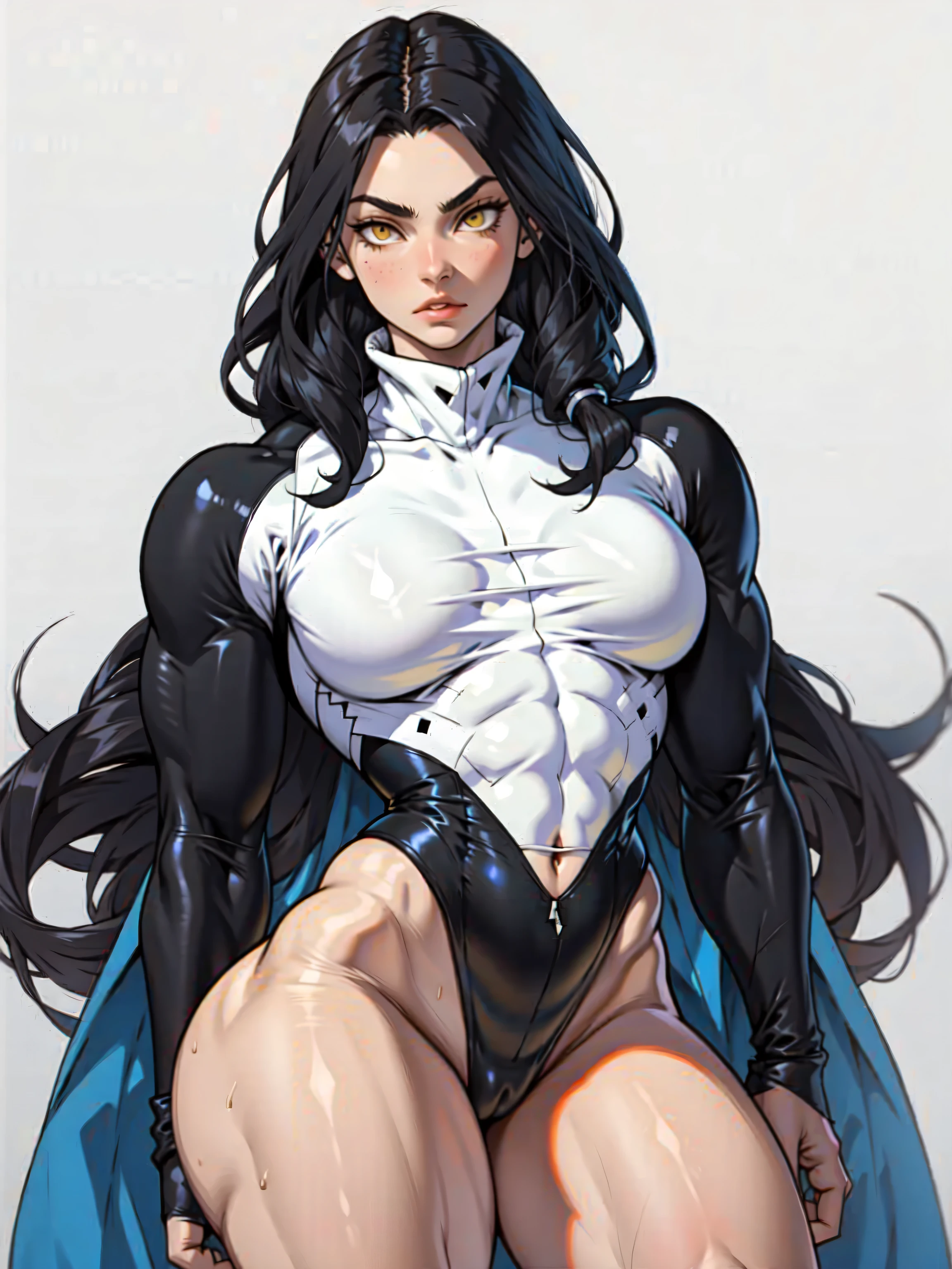 beautiful, (masterpiece:1.2), (best quality:1.2), perfect eyes, perfect face, perfect lighting, 1girl, armor, breasts, cropped legs, curvy, bodysuit, black leggings, bracers, dark-skinned female, dark skin, gorget, hand on hip, huge breasts, long hair, makeup, black hair, purple hair, sidelocks, smile, solo, thick thighs,