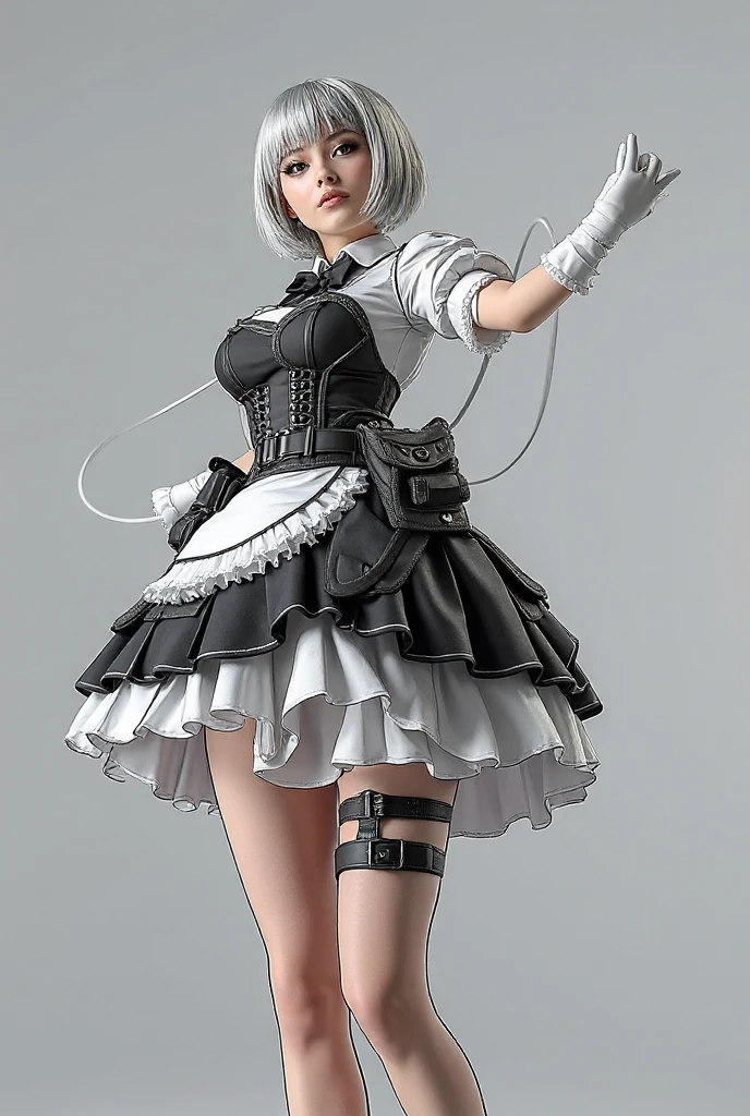 full body detailing, Full body figures, short full body portrait!, Anime style 3D, The protagonist, full-body portraits, Anime style characters, A single character full body, unrealistic character concept, Produced by Anime Painter Studio, A female character, fully body photo，Colossal tits，girl in a maid costume，（black color hair），Black leather shoes，4K，k hd