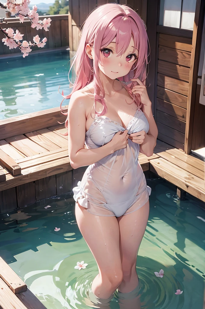 (masterpiece:2.0), (highest quality:2.0), (swim naked on the beach:1.5), (Tiny see-through T-back micro bikini:1.5), (super sexy pose:1.5), (look up from below:1.5), (fully exposed shoulders:1.5), (fully exposed nape:1.5), (face turns red:1.5), (cover one's chest with one's hands:1.5), (spill :1.5), (realistic:1.5), 1 very pretty girl, precise small needle, you look embarrassed when you look at me, light smile, innocent face, young face, clear eyes, shining eyes, small breasts, I can see the side boob, I can see your shoulders, I can see the cleavage, no pubic hair, dynamic posing, beautiful skin, Super fine, highest resolution, Japanese high school student, pink hair