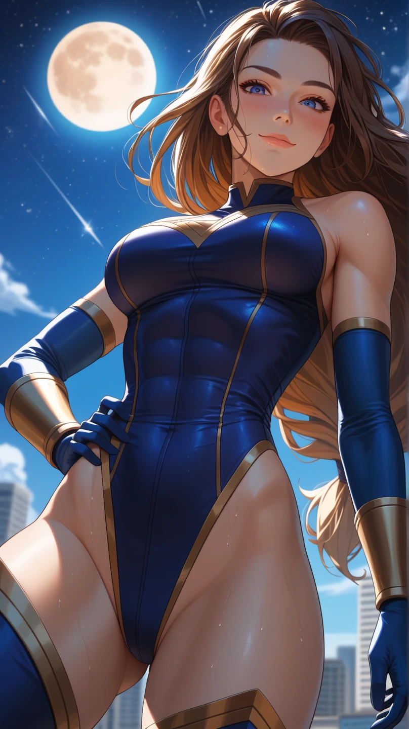 masterpiece, best quality, 1girl, superhero, leotard, bare legs, knee boots, matching boots, heroic, city backdrop, standing, body infused with energy, light particles, solo, single, cowboy shot, perfect anatomy, hand on hip, brown hair, beautiful detailed eyes, belt