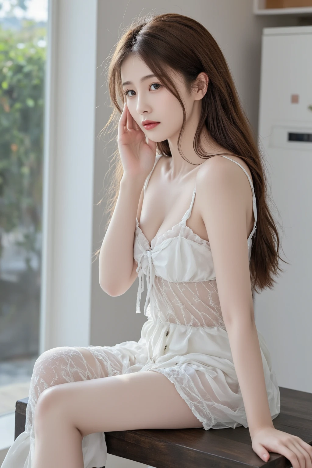 Beautiful 25 year old tall and slender woman。perfect legs. perfect face. She is fashion model. She is staying in the old classic church. She is wearing a wedding dress that a leg is visible. She is illuminated by sunset light. the evening church lights is on . her dark brawn hair. High resolution、masterpiece、highest quality、頭w:1.0、((Hasselblad Photos))、fine skin、(movie lighting)、clavicle . full body picture.