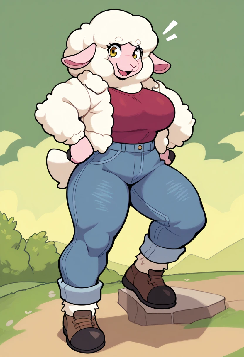 anthro, furry, solo, full body, yellow eyes, animal ears, two-toned ears, two-toned fur, furry, body fur, mature, furry female, fang, snout, sheep ears, sheep female, denim pants, (shearling jacket), shirt, clothed, muscular, best quality, highly detailed, high resolution, smooth shading, detailed background, detailed clothing, detailed body, masterpiece, good , handfixer, (dynamic pose)