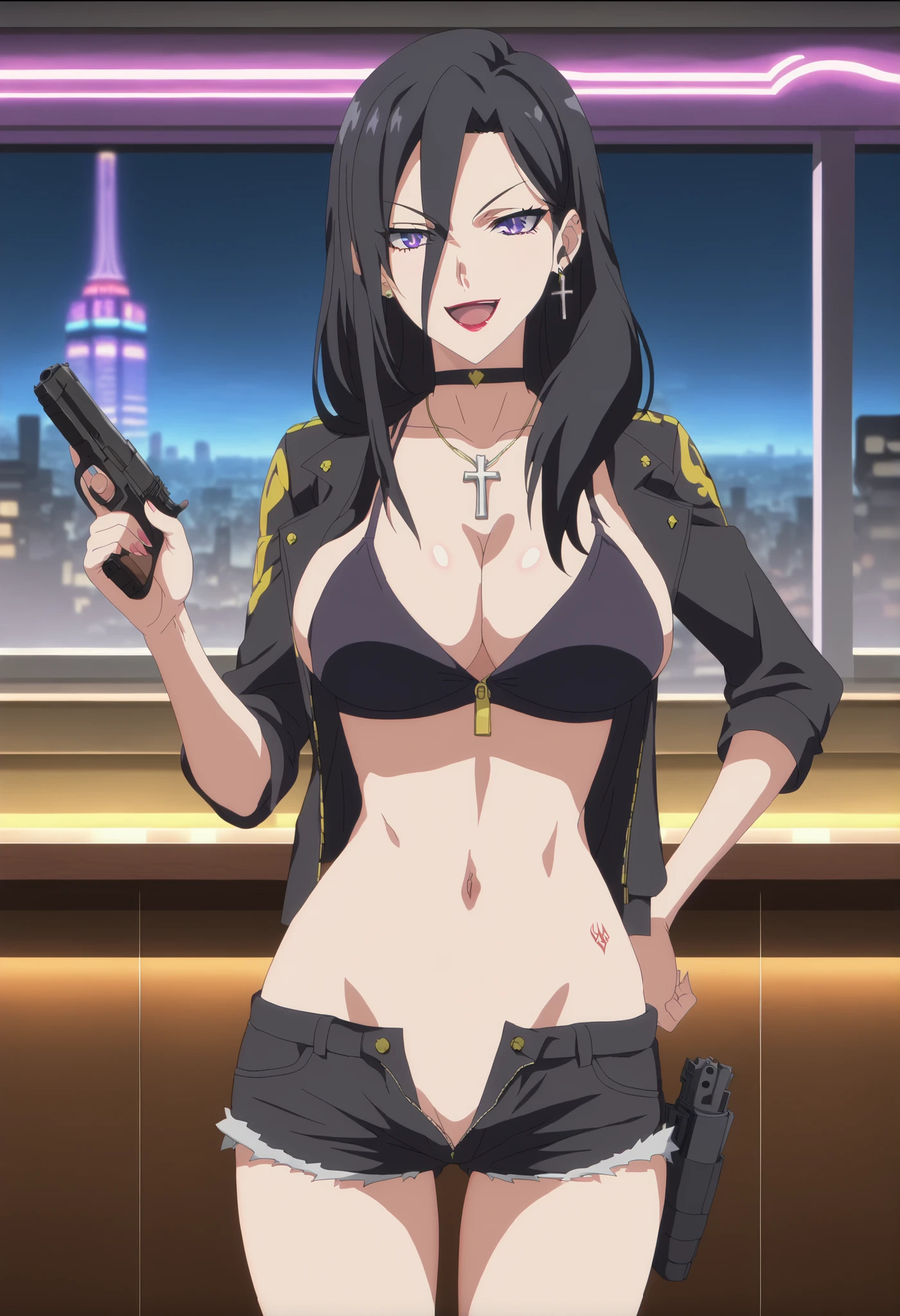 nagisa, long hair, blush, lipstick, jewelry, earrings, big breast, tattoo, Hot girl, baddie, staring, glaring, bad attitude, mean girl, dare, angry, hate, crazy, smoking, sensual, attractive , blush, lipstick, outdoors, rooftop, cityscape, building, railing, night, night sky, scenery, , city lights, masterpiece, best quality, highly detailed, a girls with a gun, open mouth, blazer, sexy gaze, (nsfw) not
safe for work, badass pose , evil smile, smile, black bra, anime girl with long hair, long haired girl,
navel, evil expression, exposed belly, exposed navel, exposed midriff, exposed lower belly, micro
miniskirt, micro pencil skirt, pencil skirt ,holding a gun,