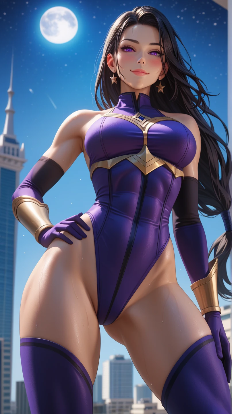 masterpiece, best quality, women, superhero, leotard, barefoot, boots, standing, matching boots, purple hair
