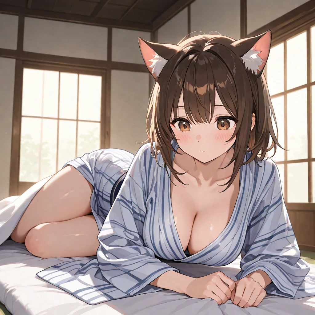 masterpiece, (Best Quality:1.4),(Perfect Anatomy:1.4), High Quality, very_high_resolution, Ultra Detailed, large_filesize, Full Color, Detail, 8K, 4K, High Resolution,Symmetrical,Extraordinary, Best Aesthetics, New, Latest, Very Detailed, Anime, Detailed Beautiful Face and Eyes, Very Detailed Body, Very Detailed Hair Lovely Hands, Perfect Hands, Beautiful Hands, One Girl, Cat ears, (big breasts, big looking cleavage, brown hair, trimmed hair semi-long hair, long sleeves, doya face: 1.5), changing clothes, (girl cross-legged on 3 tatami mats, :1.4), (dynamic angle, looking away, cowboy shot, sports bra, camisole, cotton panties, school skirt: 1.2), ( Showing teeth and smiling, 17 years old, brown-haired, short-haired, cat-eared, aqua eyes, slender girl), (apartment for 3 Japan, daylight, light),