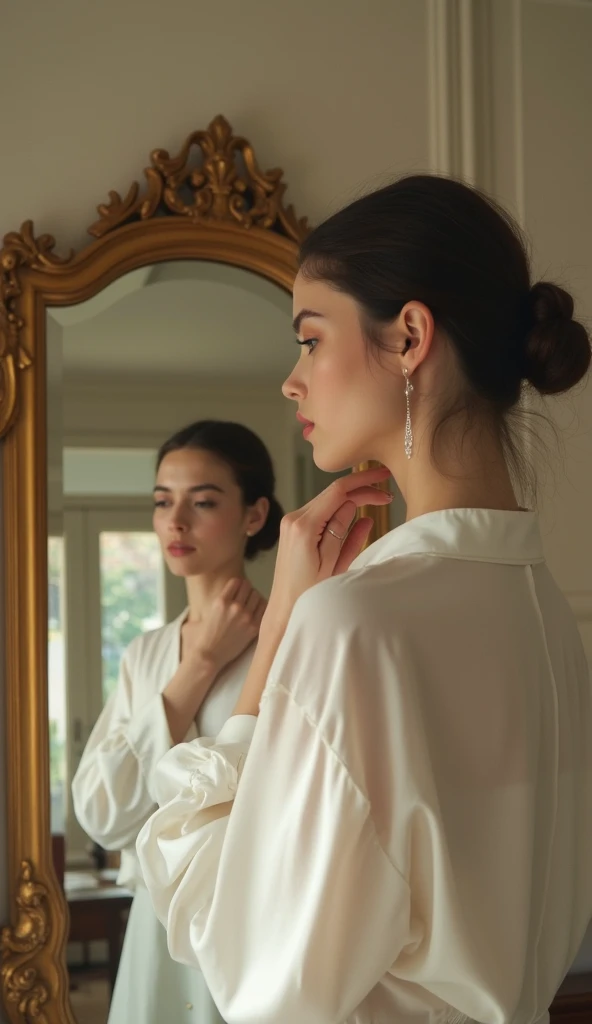 beautiful brunette, (((oval face shape with golden proportions, tall and defined cheekbones, gently angular jaw, slightly pointed chin, medium forehead with gently arched hairline))), wavy brown hair in a sleek half-up hairstyle, ((arched eyebrows)), (((contemplative pose, sitting on a white cube, Multiple reflections visible in strategically placed mirrors))). (((Wide medium shot, showing the character from the thigh up, with a pristine white background and mirror panels creating an illusion of infinity))). highy detailed, 20 year, ((eyes browns)). (((Nose with straight back, slightly rounded tip, harmonious proportion with the face, symmetrical and refined nostrils))). ((Medium, well-defined lips, soft cupid's bow, natural redness around the edges, smooth texture with visible hydration)). high resolution, work of art. Pele realista Fitzpatrick IV, texture of "Orange peel" subtle on the cheeks, discrete nevus of Ota. ((Wearing a white silk column dress with a minimalist and modern cut)). excellent quality, extremely detaild, sharp focus, ((shooting with Leica S3, Summicron-S 100mm f/2 ASPH)), Rec color vision. 2020. Proportionate Body, photoshot_(ultra), photoshotrrealismo, photoshotgrafia (film grain) (((Clean, uniform lighting with large softboxes, creating an ethereal atmosphere and soft reflections in mirrors))) Em primeiro plano.
