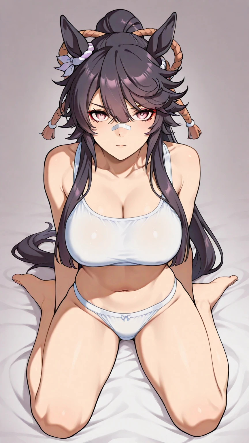 masterpiece, high resolution, best quality, beautiful art, detailed face and hands, anime style, 1 woman, solo, Yunyun, mature woman, grown up, big breasted, cleavage, white kunoichi dress, sexy Japanese clothes, pelvic curtain, full body, ryona, in peril, defeated, unconscious, knocked out, laying down on the floor, passed out, exhausted, sexy defeated pose, exposed full body, sexy smirk, defeat scene, bouncing breasts, beach background