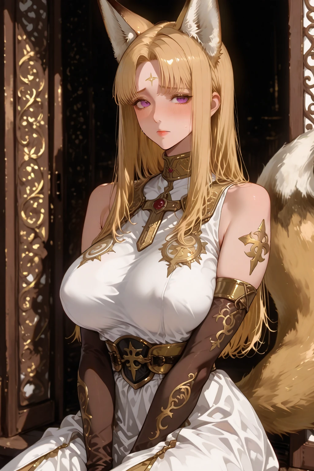 (extremely detailed CG unity 8k wallpaper, best quality, masterpiece),(an extremely delicate and beautiful woman),(The mask is a sad fox),(a beautiful and well-shaped body),(sad and expressive eyes),(wide and detailed freckles),(a very cute face),(hair styled in voluminous layers of straight locks),(a wonderful dress with intricate details)