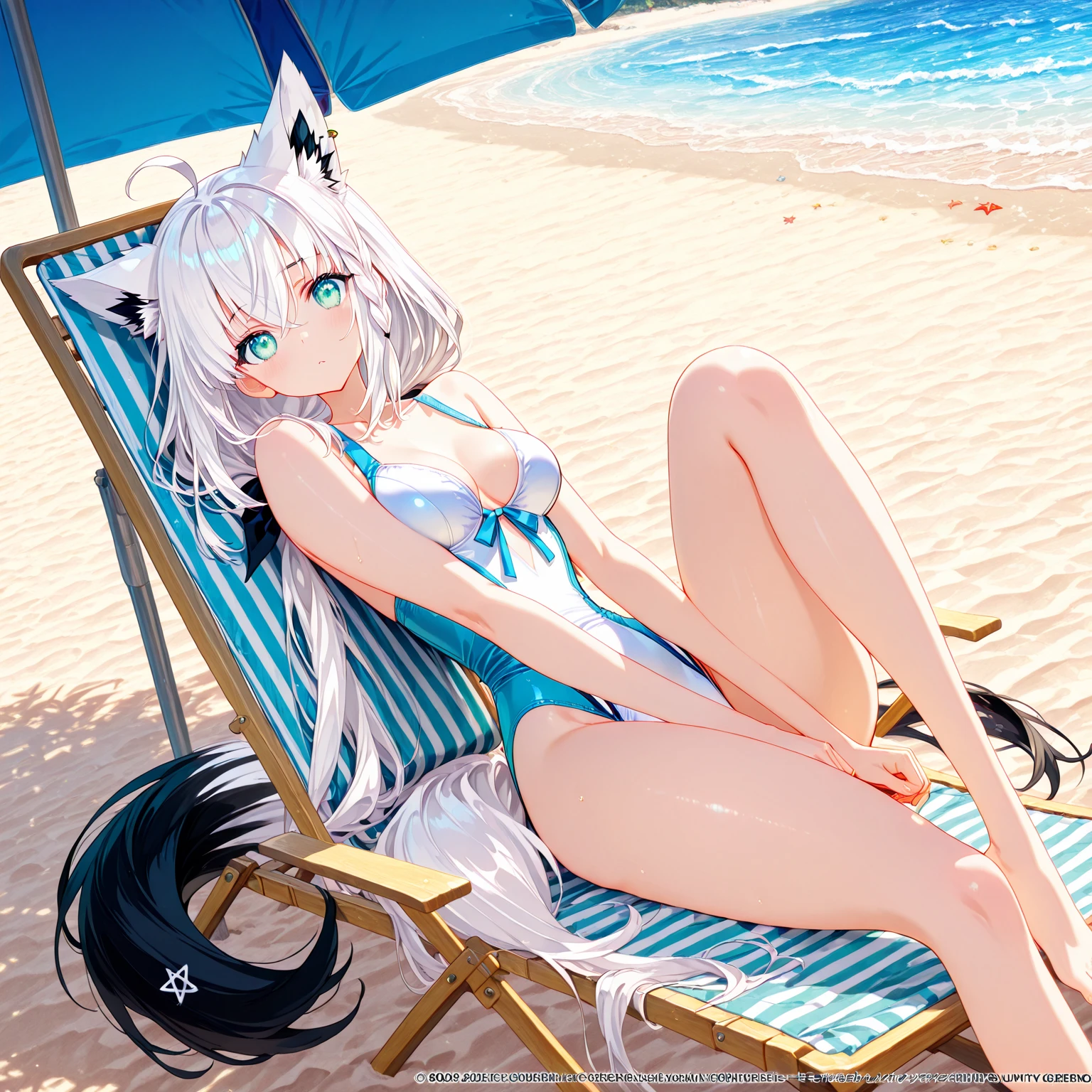 (supreme、top-quality、Top resolution:2.0)、in 8K、((kawaii))、(((Bikini with white ruffles)))、Exposed skin a lot、(((Colossal tits)))、独奏、1人、beach side、((25-years old))、adult lady、flaxen hair、Long、A sexy、Ashamed、be shy、flaxen hair