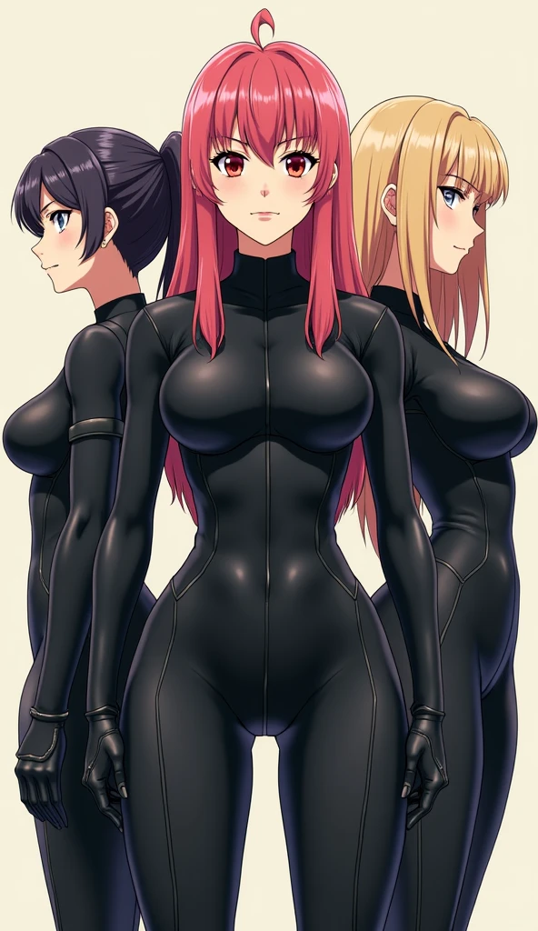 2girls, duo, twins, standing shoulder-to-shoulder, teenage woman, brown hair, blonde hair, long curly hair, matching hairstyles, different hair colors, hair down, hazel eyes, black widow bodysuits, white background, best quality, highly detailed