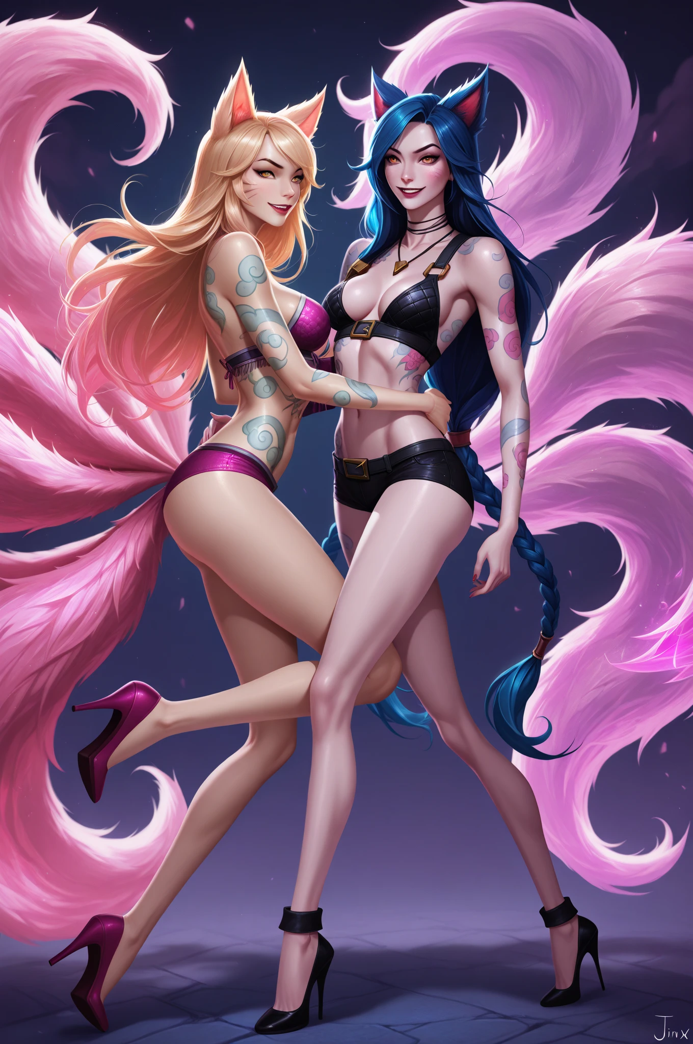 Queen duo of unknown worlds, unparalleled beauty duo, sexy limbs, super bikinis, latex, glittering costumes