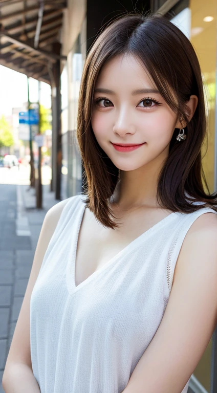 masutepiece, Best Quality, Illustration, Ultra-detailed, finely detail, hight resolution, 8K Wallpaper, Perfect dynamic composition, Beautiful detailed eyes, summer blouse setup clothes,Medium Hair,Small breasts natural color lip, Bold sexy poses,Smile,Harajuku、18 years girl、Cute、Sexy shot looking at camera