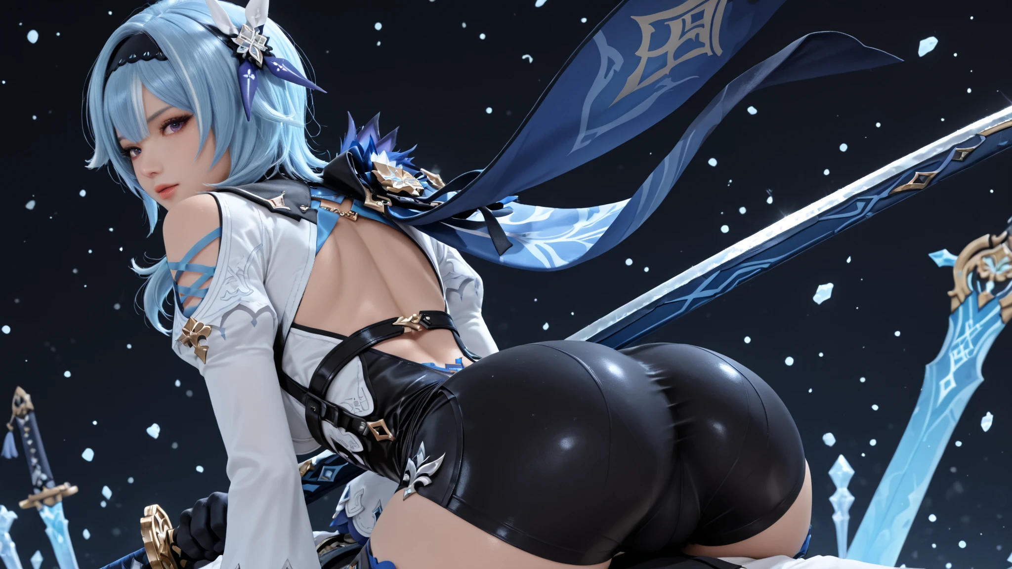 Fairy Knight Lancelot (Fate), 1 female, solo, long hair, breasts, bangs, underwear, tail, white hair, top-down bottom-up, flexible, body markings, armrests, jack-o-challenge, hands on ground, butt facing viewer, facing backwards, viewer looking from behind, camera filming from behind, ???????????, butthole facing viewer