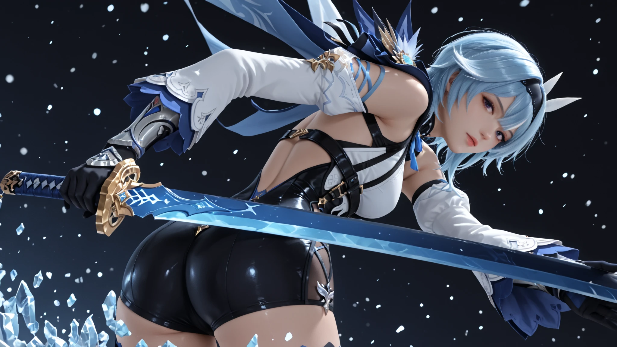 ((best quality)), ((masterpiece)), (detailed), 3d render,( realistic:1.2), bronyarand, detailed face, 1girl, jackopose, top-down bottom-up, (face to camera:1.3), snow medieval buildings background, silver hair, long hair, brown gloves, blue earrings, grey eyes, open shoulders, (RTX:1.2), <lora:bronyarand:0.3> <lora:jackopose_v3-000001:0.5>