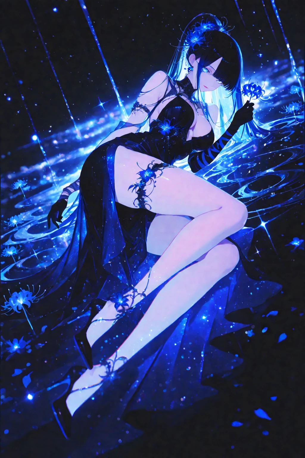 ((masterpiece:1.4,best quality)),(Super detailed),(Extremely detailed eyes),(Shiny socks:1.5),Hello Darkness
(Cute girls),15 years old,(Blood-red pupils,Diamond-shaped pupil:1.15),Purple Eyeshadow,(elongated hair,Thick hair,Single ponytail,shiny hair:1.5)(Changes through:1.2),despair,sad,Empty eyes,tears streaming down my face,tilting its head to the side,
(She wore a blue dress,:1.5),(Black gloves:1.4)Very long plush sleeves,White,White Cloud,Dream bubbles ,Ice and glitter effects
(Black long skirt:1.1),
((Starry Sky:1.2)),
(Intense black and white:1.16),(Depth of Field:1.4),,Intricate details,(((Detailed background,Castle in the Sky,Purple flowers by the lake))),(((Huge breasts,Bare breasts,Deep cleavage,White stiletto high heels,Transparent clothes)))