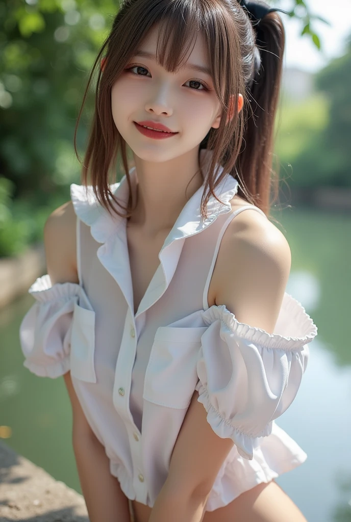 (8k, highest quality, masterpiece:1.2), (Realistic, photo-Realistic:1.37),One girl, cute, night, Date, (Red nose), (smile:1.15), (Mouth closed) Larger breasts, Beautiful fine details, Wet, rain, Floating Hair, (Chromatic chest skirt),A skirt that curls up in the wind、Panties in full view