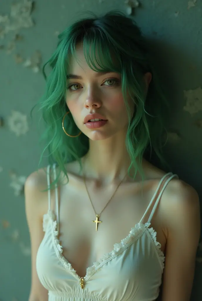 Best quality, masterpiece, ultra high res, (photorealistic:1.5), raw photo, big breast, nude, in the dark, deep shadow, low key, cold light, sexy look,  body, cum in body ,green  hair 