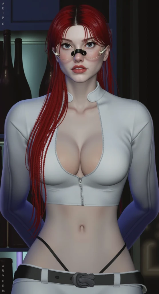 Ultra realistic, real girl, 16K, best quality, High resolution, hot atmosphere, dream atmosphere, 1 girl, 18 years old, Long messy scarlet red hair, sexy eyes look, pale white skin, wearing alternative black outfit, earrings, fit body, big natural breasts, realistic body, tall and hot girl, seductive, sensual posture, big hips, thick legs, torn clothes, blurred background, Depth, dream aesthetic, Atmosphere of dream, cinematic lighting. 