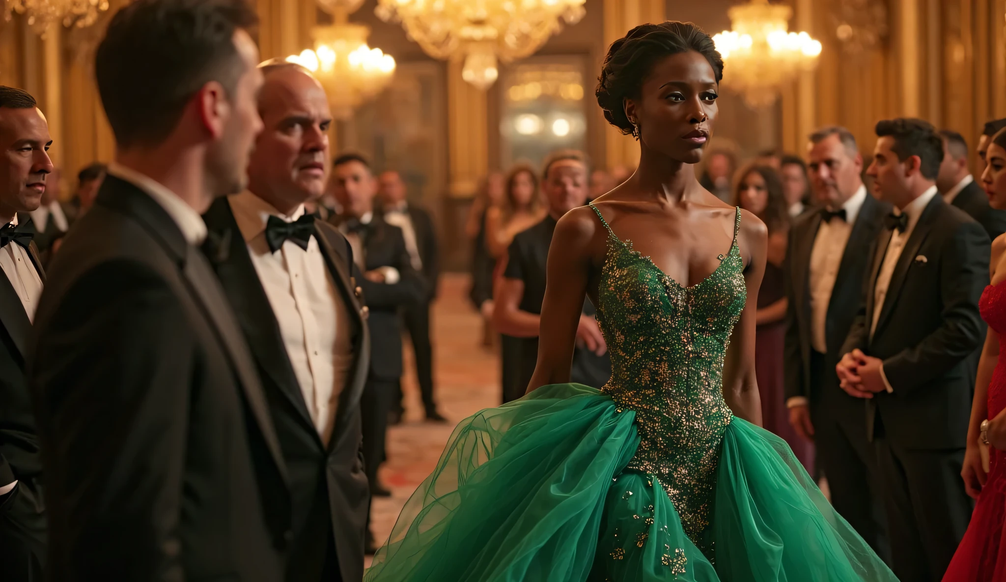 Dark Fantasy Elves, group of aftican american and white elves, forward facing picture, formal clothes, ball room wear, magical,
