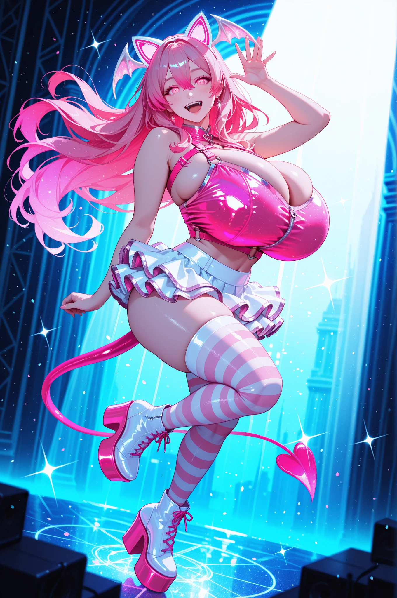 (((masterpiece, extremely detail, ultra retina, wide shot, Ultra-Wide Angle, masterpiece, best quality, 16k, UHD, super detail))), perfect face, short hair, anatomically correct, textured skin, anime, chromatic aberration abuse, (detailed face), detailed eyes, ((((bubblegum pink hair)))), ((c cup)), doe eyes, ((long hair)), fishnets leggings, Feet