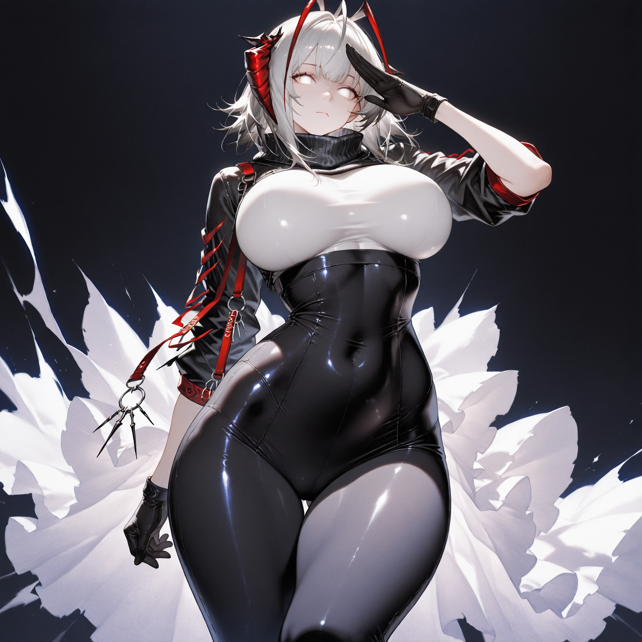 Black full body suit　huge tit　Big ass　seductiv　a smile　Obscene lines　Whip thighs　Sit up