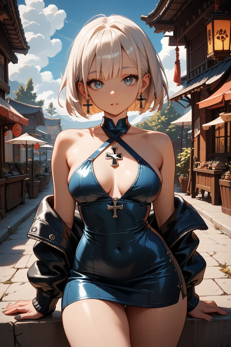 (best quality,4k,highres,ultra-detailed,realistic:1.2) Outside the submerged city,ruins,floating houses,collapsed houses,one 20years old woman,blonde short hair,sitting on the floating house