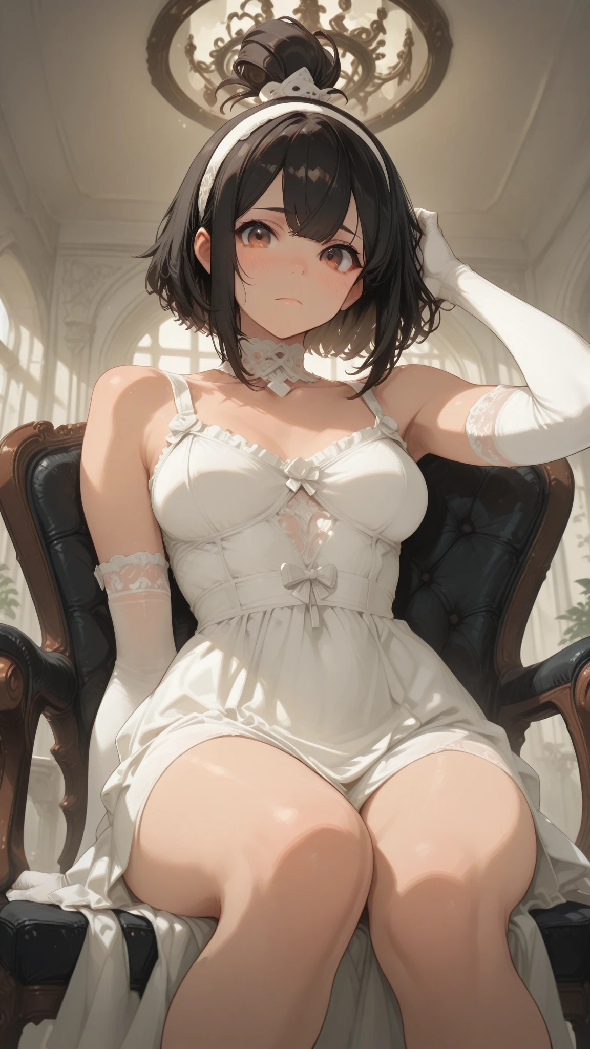 masterpiece、Highest quality、Highest quality, (Long, slender legs, shoes:1.2), (squat, Spread your legs), 1 girl, (smile、Open your mouth大笑い:1.2), Cute eyes, (Detailed face:1.3)、Open your mouth, The whole face turns red, alone, Oversized breasts, Big and ample breasts, (Straight bangs, Black hair bowl cut:1.2), (White maid outfit:1.2)、(Nipples、Ultra-micro bikini that only covers the bust digs into the skin:1.2)、Side bust、Underbust、belly button、Walking through the mansion'corridor、Browsing Caution、shoes下