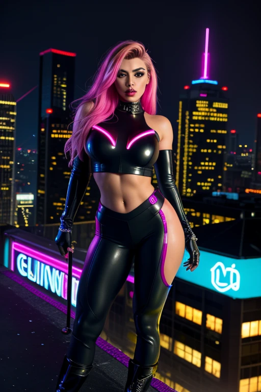Animated cyberpunk scene featuring a woman beautiful breasts with long pink hair tied up, wearing a black latex bikini along with metallic armor on her shoulders, forearms, and hands. She stands confidently on a neon-lit city street with tall buildings, illuminated signs, and blurred traffic in the background. The atmosphere is futuristic with a mix of dark and vibrant colors, highlighting the technology-infused urban environment.