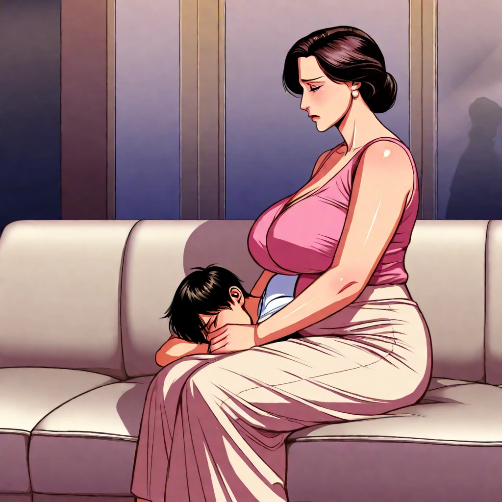 a comic page about a fully pajama wearing 24 year old extremely fat woman adjusting to her first night with her 40 year old busty mother as her second head on her immobile two headed body. She’s clearly uncomfortable with her mother using her now two headed 1200 pound morbidly obese body with her hand under the cover of the blanket as she watches a video on her phone 