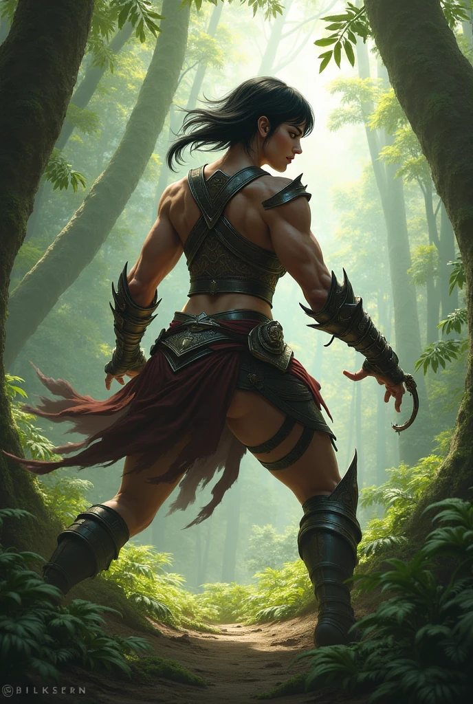 ((Simon Bisley)), Beautiful full-body woman, 30 years old, muscular and perfect body, ((back)), medieval warrior with little clothing, tiny thong, golden metal bra, arm covered by a metallic armor, large breasts, generous neckline, holding a blood-stained sword, brave face, dark kingdom, sexy pose, walking in a forest