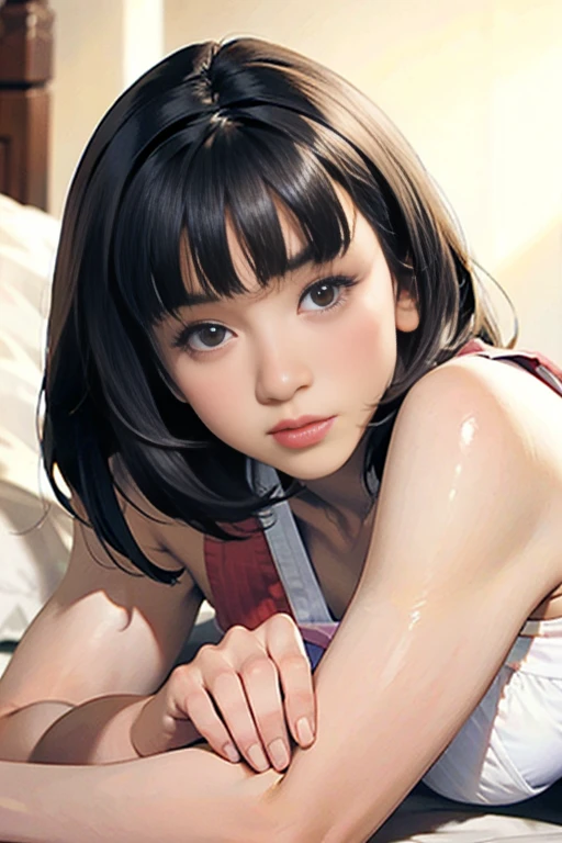 Highest quality、Realistic、、zoom、woman、cute、Light grey eyes、Black Hair、Long straight line、Tanned brown skin、Dark Skin、Pink panties with small character print、Pink panties with small character print、Captivating smile、Flat Chest、。Bust Shot、Chubby、Shower room、