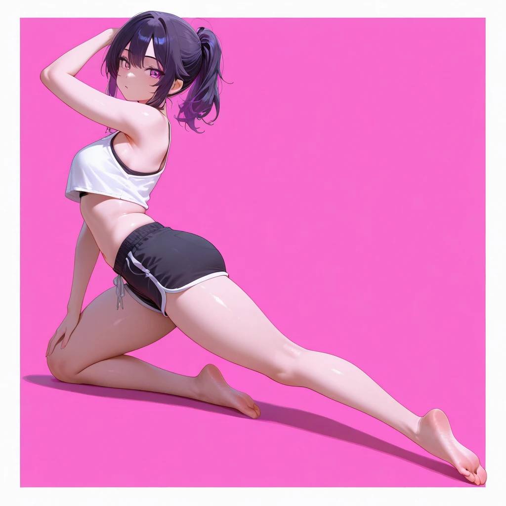 Anime woman with black hair sitting on the ground with legs crossed, Anime women are squatting, huge tit, anime pose, holding a pudica pose, wearing leotard, Purple long-sleeved leotard, Beautiful anime woman crouching, jojo anime style, sexy pudica pose gesture, pretty face with arms and legs, bare legs,