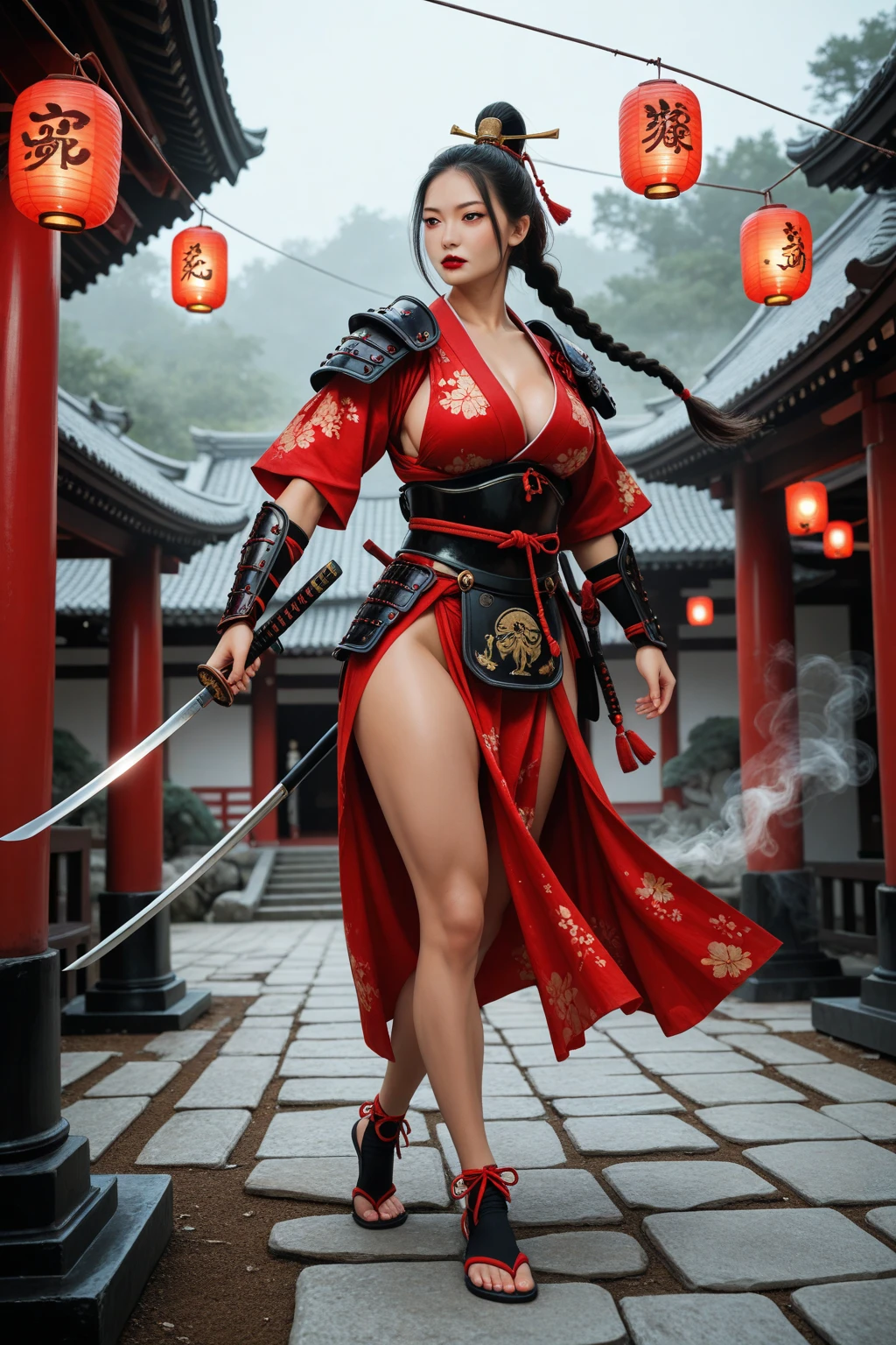 Fullbody potrait, A beautiful samurai warrior, beautiful face, photo , realistic, detailed face, young, Shogun era, sexy Shogun armor, (big breast: 1.5), katana, orgasm face, ahegao, blush-on , off_shoulder clothes, standing , wearing mask, slashing pose