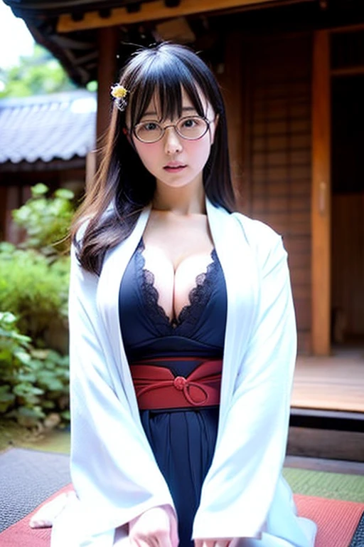 shrine maiden、Crimson too、shrine maiden装束、ceremony、shrine、within the territory、Long Hair、beautiful girl、Clear Skin、Oracle、The chest is slightly open、cowboy shot,shrine maiden outfit,red skirt,Glasses、