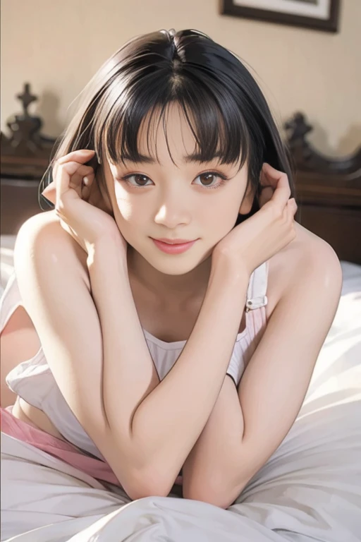 masterpiece, 1 beautiful girl, detailed eyes, puffy eyes, best quality, ultra high definition, (reality: 1.4), original photo, 1girl, cinematic lighting, Japan, asian beauty, korean, super beautiful, beautiful skin, slender, small chest, body facing front, (ultra-realistic), (high resolution), (8K), (very detailed), (best illustration), (beautifully detailed eyes), (ultra detailed) , detailed face, looking at the viewer, facing straight ahead, neat clothes, sleeveless, short hair, black hair, 46 points diagonal bangs, room based on white background tone, neat atmosphere, happy smile