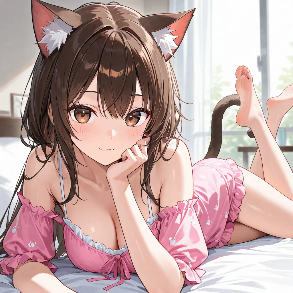 Raphtalia, 3 woman, straight and floating. pelo naranja, cabello naranjo, rounded bear ears, ruby red eyes, evil smile, big breasts, is in pajamas.。neckline。Lying in bed 。using a futon