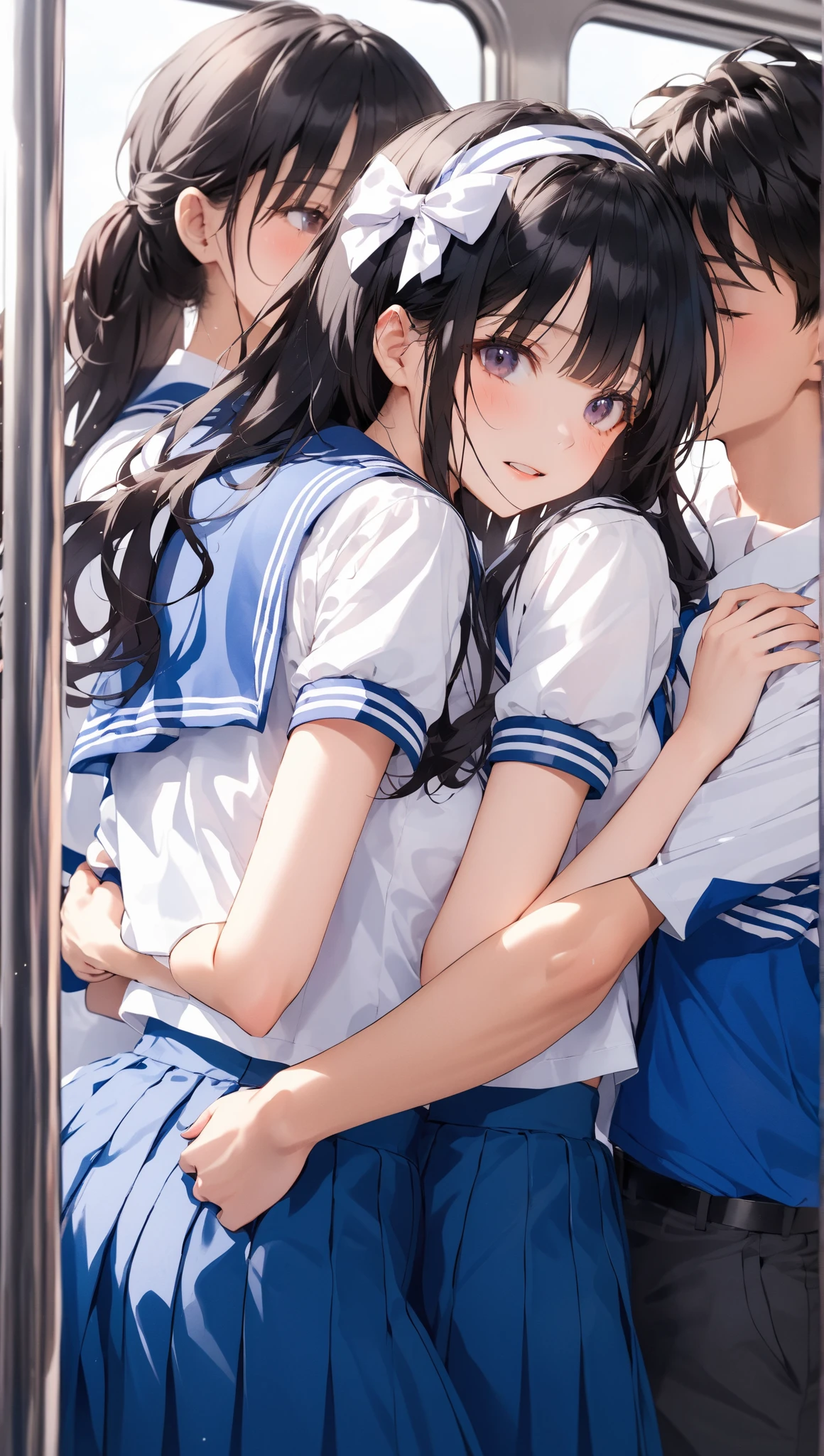 Duo, score_9,score_8_up,score_7_up, source_cartoon, source_anime, 2 people, a tall thick light skin woman with long dark blue hair and brown eyes wearing a school uniform, and a man with a big dick wearing a school uniform, woman is in doggystyle position, man is having sex with woman, woman is pushed against fence, school rooftop, nsfw