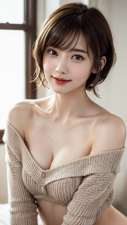(masterpiece:1.3), (8k, Photorealistic, Raw photo, Best image quality: 1.4), Japanese 、(Random Hairstyles:1.2)、Cleavage:1.2、Super detailed face、Attention to detail、double eyelid、Put your chest together、Sharp focus:1.2、Beautiful woman:1.4、Light brown hair、highest quality、masterpiece、超A high resolution、(Photorealistic:1.4)、Highly detailed and professionally lit smile、Loose, lightweight knitwear、Shoulder out、thin、Serious expression、Short-haired、Deadly position,White background