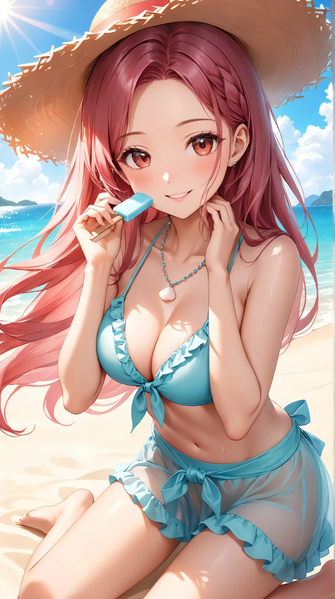 ((masterpiece, high quality, high resolution, absurd, super detailed, High saturation、8k)),real,upper body,(bikini:1.5),(1girl),forehead,seductive smile,cute face、beautiful eyes、pink hair、 (on the beach)、zydG