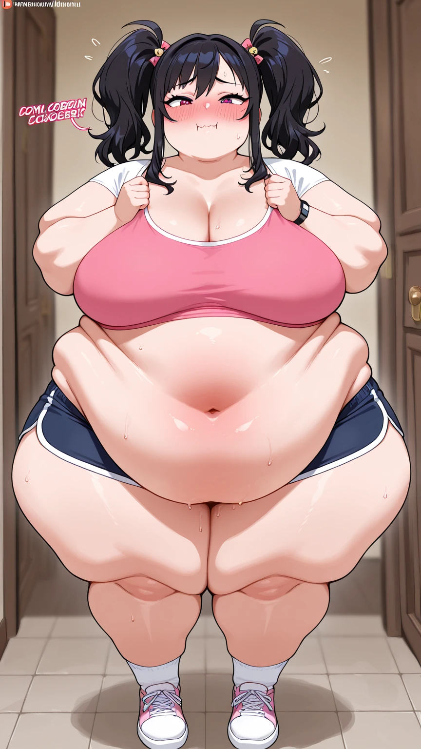 Extremely overweight,Morbidly obese,1girl, solo, black hair, blue eyes, milf, middle aged, mommy, (massive sagging breasts:1.0, naked, nude, completely naked, lustful, dominant, horny, looking down at viewer (from below POV), mouth wide open, pared lips, tongue, sweaty, grabbing belly, both hands on belly, looking at viewer, blushing, Round face, double chin, fat chin, fat cheeks, fat neck, round face, SSBBW, flabby arms, round face, double chin, fat double chin, big double chin, fat neck, chubby cheeks, fat thighs, fat calves, morbidly obese, flabby , giant , large belly, obese, fat face, belly, double chin, obesity, flabby breasts, fat arms and legs, fat everything,