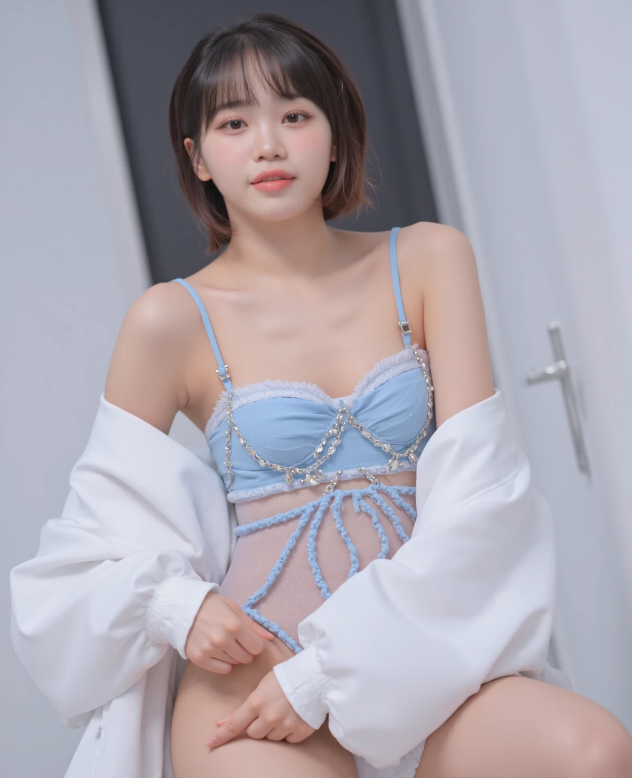 Shy woman on a rainy night,(8K Ultra HD、Digital SLR Camera、Soft Light、high quality、Volumetric Lighting、frank、photo、high resolution、4k、8K、Bokeh),(Rich details on the eyes and face,warm color, Very saturated colors,Show a charming smile, little cherry mouth, mouth closed, Balanced Eyes, Perfect face, Pretty Face, black eyes,Skin is transparent and visible, Shirasawa skin, cosmetic, (Glasses),earrings,Forehead chain,necklace, Jewelry,veil,Hair accessories),(Create stunning images of real girls, warm light, Dynamic poses, Elegant Posture, Cowboy lens, Front full body,Look confident from the front,Body facing the camera,Standing pose facing the camera,Open your legs slightly,Golden Ratio Graphics,Minimalism, ), ,Chinese anime girl,Waist-length hair,Messy Hairstyle,,Gradient hairstyles,Cyberpunk hairstyle,(Transparent clothes:1.5),Pink clothes,Thin clothes。Transparent mesh clothes,Transparent clothes,Transparent tights,(Sexy,Perfect breast shape、Very detailed breasts,34E cup),No underwear,(Super high waist,Waist hollow,Levain),Black socks.(Clear knee-length socks、Garter socks,Leg ring,garter、腿部garter)