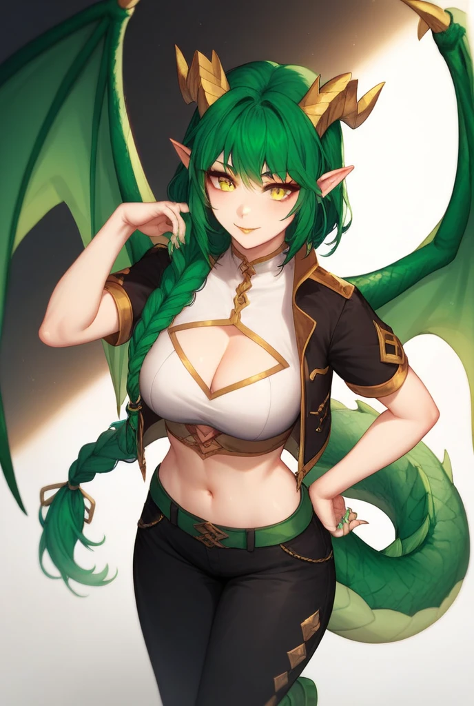 Human/dragon hybrid, with head dragon horns, with human eyes,with Human hands/dragon claw hybrid,(green scaly draconic body,green scaly draconic arms), human very very gigantic breasts, (green short hair),shaggy cut,yellow eyes,abs,muscular,green scaled humanoid