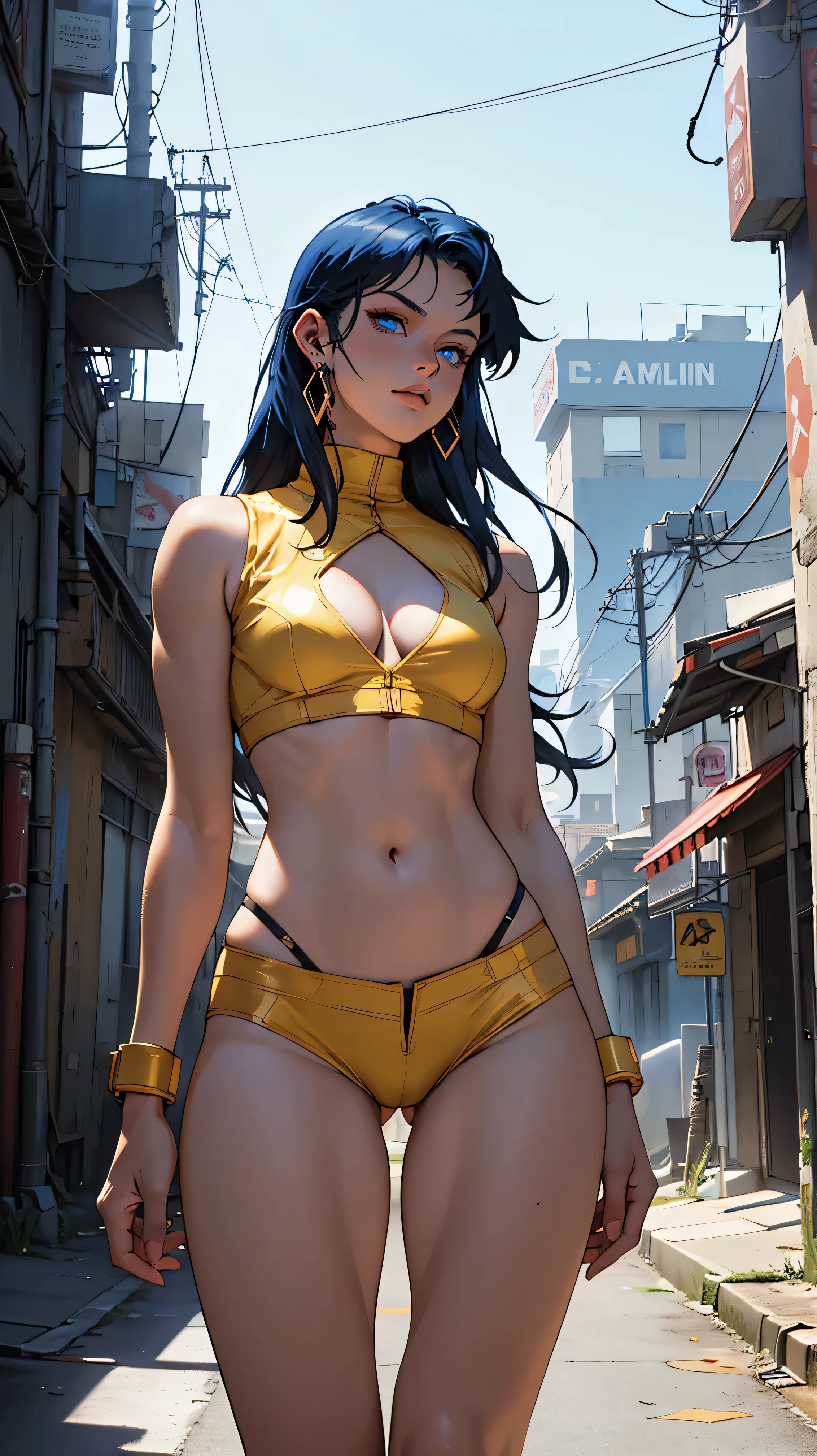 masterpiece:1.2, best quality, absurdres, rooftop, rain, cyberpunk, neon lights, night, moon, 1girl, dirtypairyuri, crop top, earrings, yellow gloves, standing, knee boots, yellow footwear, cleavage, cleavage cutout, blue eyes, upper body, detailed face, face focus, facing viewer, hand on hip, smiling, head tilt, one eye open, <lora:yuri-dirtypair-richy-v1:0.8>, <lora:more_details:0.6>