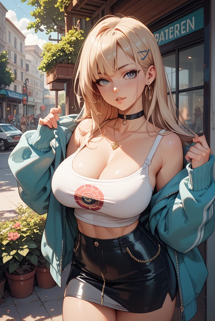 1 girl,A smile、Mouth open、tshirts,hotpants,((poneyTail:1.3)),Navel out、bending forward、cleavage of the breast,tourist destination、Intricate details, Hyper realistic, Perfect Anatomy