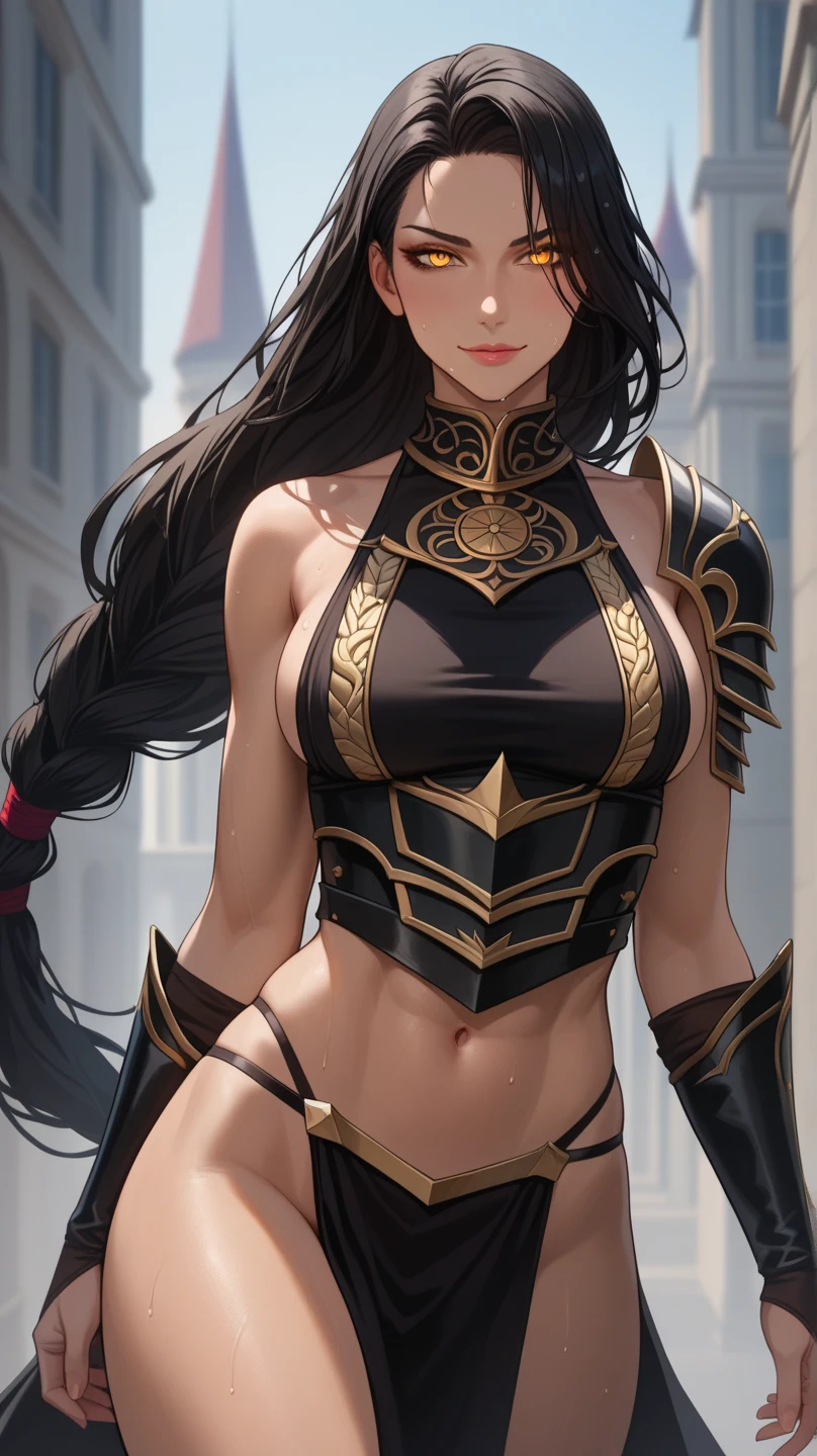 8k_wallpaper, extremely detailed eyes, extremely detailed body, (large masterpiece digital art), (detailed manga illustration), (detailed line art), ((perfect anatomy)), (intricate details:1.3), (ultra-detailed:1.3), (illustration:1.3), (sharp focus:1.3), (natural lighting:1.05), (vivid colors:1.3), (masterpiece), (best quality:1.4), (perfect anatomy:1.4), high quality, expressive eyes, full body, detailed face, beautiful face, perfect face, 1girl, tan skin, smile, breasts, solo, black hair, large breasts, curvy, wide hips, long hair, ((green eyes)), grin, collar, dynamic pose, hair over eye, regal outfit, China dress, formal, tiny top hat, (cityscape background),