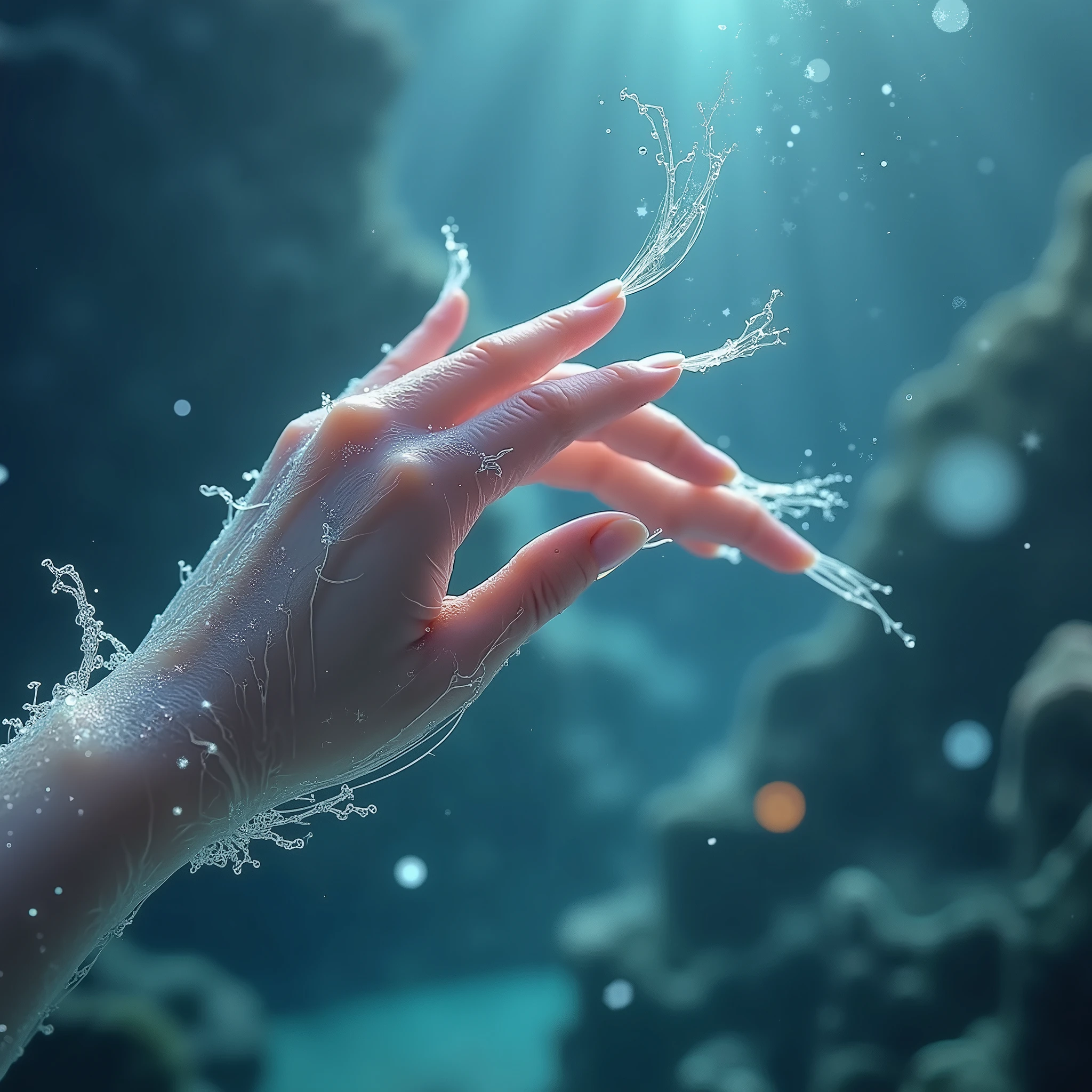 close-up image of hands submerged underwater, pale skin tones, clear ripples and reflections, cool color palette with blues and whites, high-contrast lighting, young adult, realism photograph, inspired by zena holloway, best quality